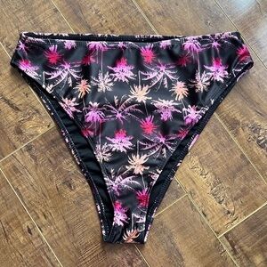 La La Swim Palm Tree High Rise Bikini Bottoms Black/Pink Sz Medium